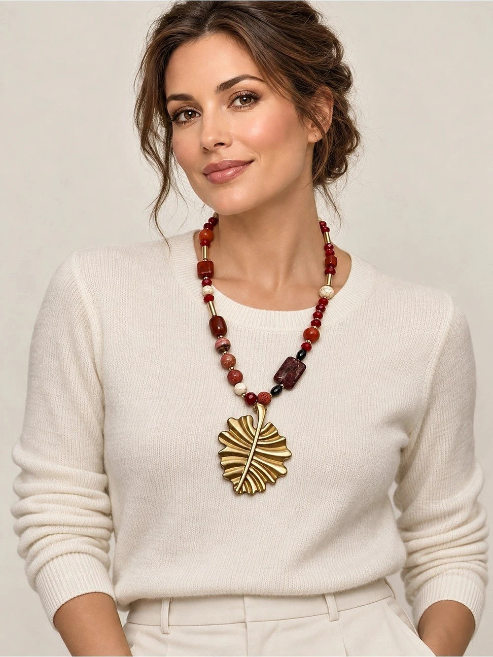 Gold-Tone Leaf Pendant Necklace with Red & Earth-Tone Mixed Beads